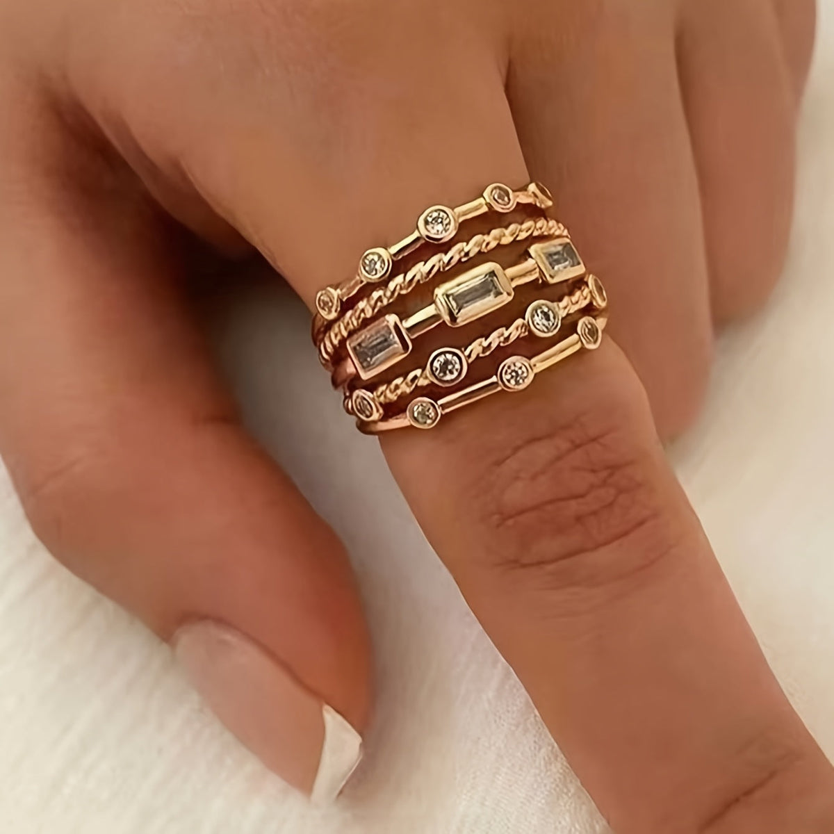 Camellia | Multilayer Geometric Ring with Braided Design and Bohemian Style