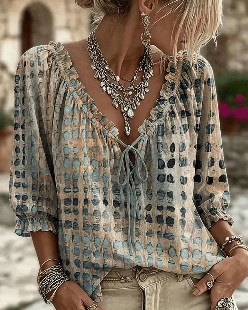 Paige | Polka Dot Blouse with Adjustable V-Neck and 3/4 Sleeves