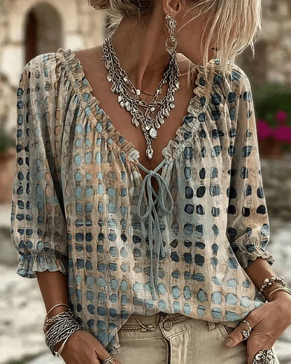Paige | Polka Dot Blouse with Adjustable V-Neck and 3/4 Sleeves
