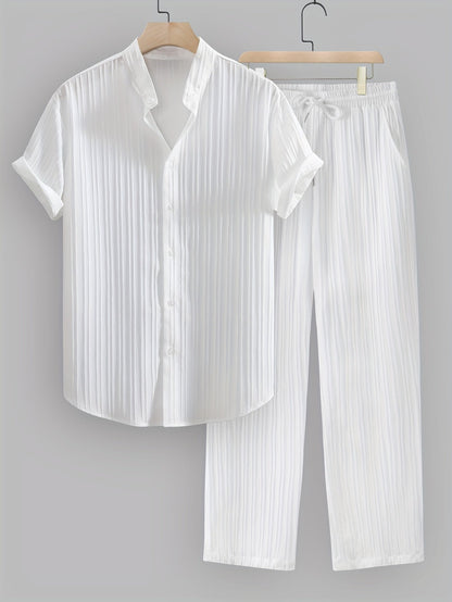 Kavaroq™ Men's Summer Set with Mao Collar Shirt and Drawstring Pants