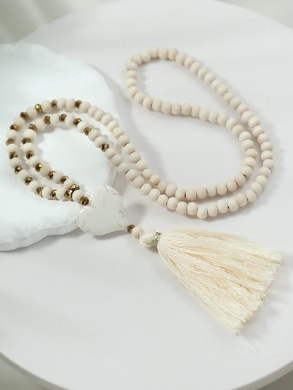 Esther | Long Y-Shaped Necklace with Turquoise Heart, Wooden Beads, and Bohemian Tassel
