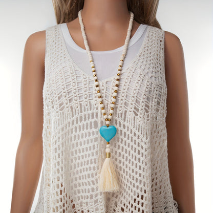 Esther | Long Y-Shaped Necklace with Turquoise Heart, Wooden Beads, and Bohemian Tassel