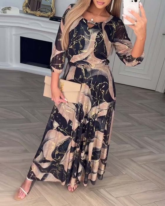 Wynoria™ Elegant Maxi Dress with Gold Marble Print