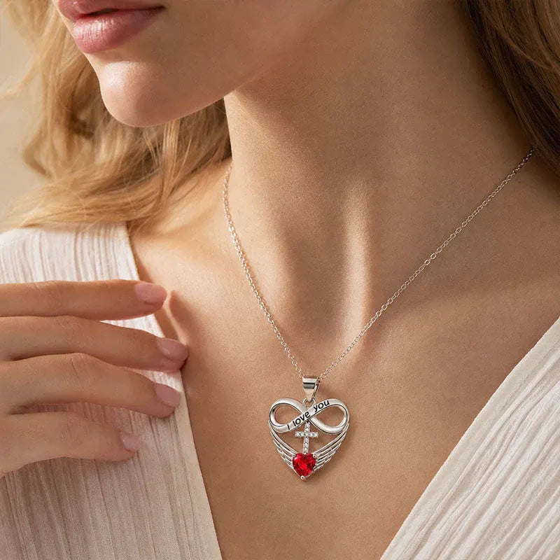 Valencia | Red Heart Necklace with Angel Wings and Cross