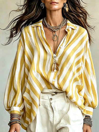Rosetta | Women's Retro Striped Long Sleeve Shirt, Loose Vacation Style, Casual Beach Top