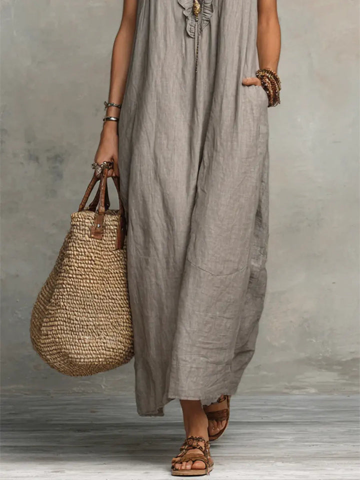 Hadira™ Casual Cotton and Linen Dress with Ruffles and Artistic Style