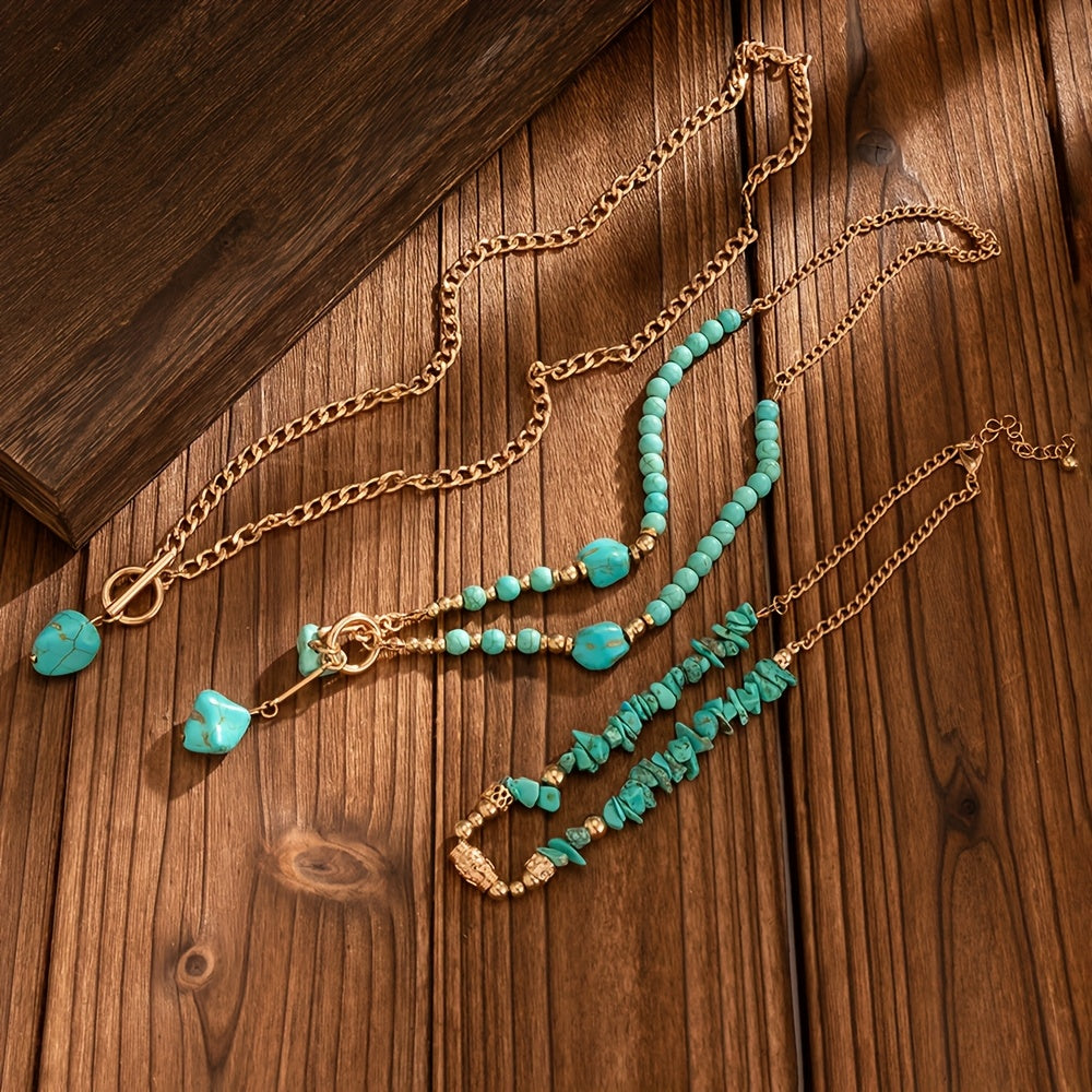 Evelise | A set of three stacked bohemian turquoise bead necklaces for women