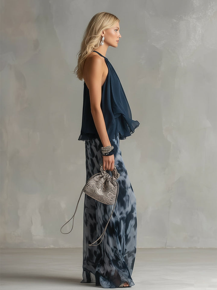 Isolde™ elegant chiffon set with high-neck top and printed wide-leg pants