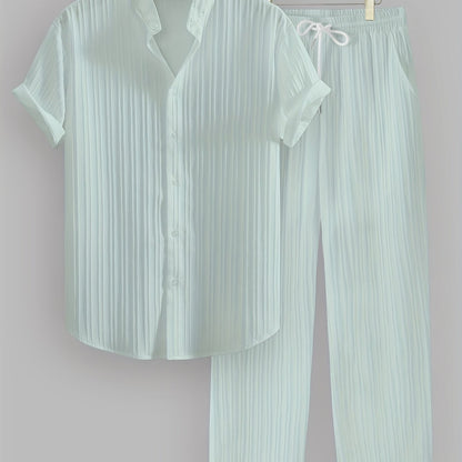 Kavaroq™ Men's Summer Set with Mao Collar Shirt and Drawstring Pants