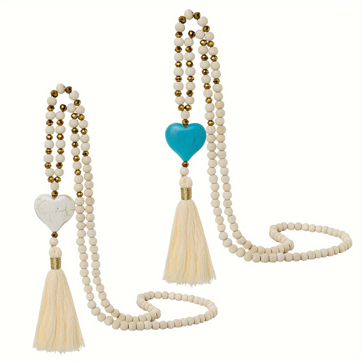 Esther | Long Y-Shaped Necklace with Turquoise Heart, Wooden Beads, and Bohemian Tassel