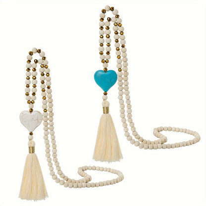 Esther | Long Y-Shaped Necklace with Turquoise Heart, Wooden Beads, and Bohemian Tassel