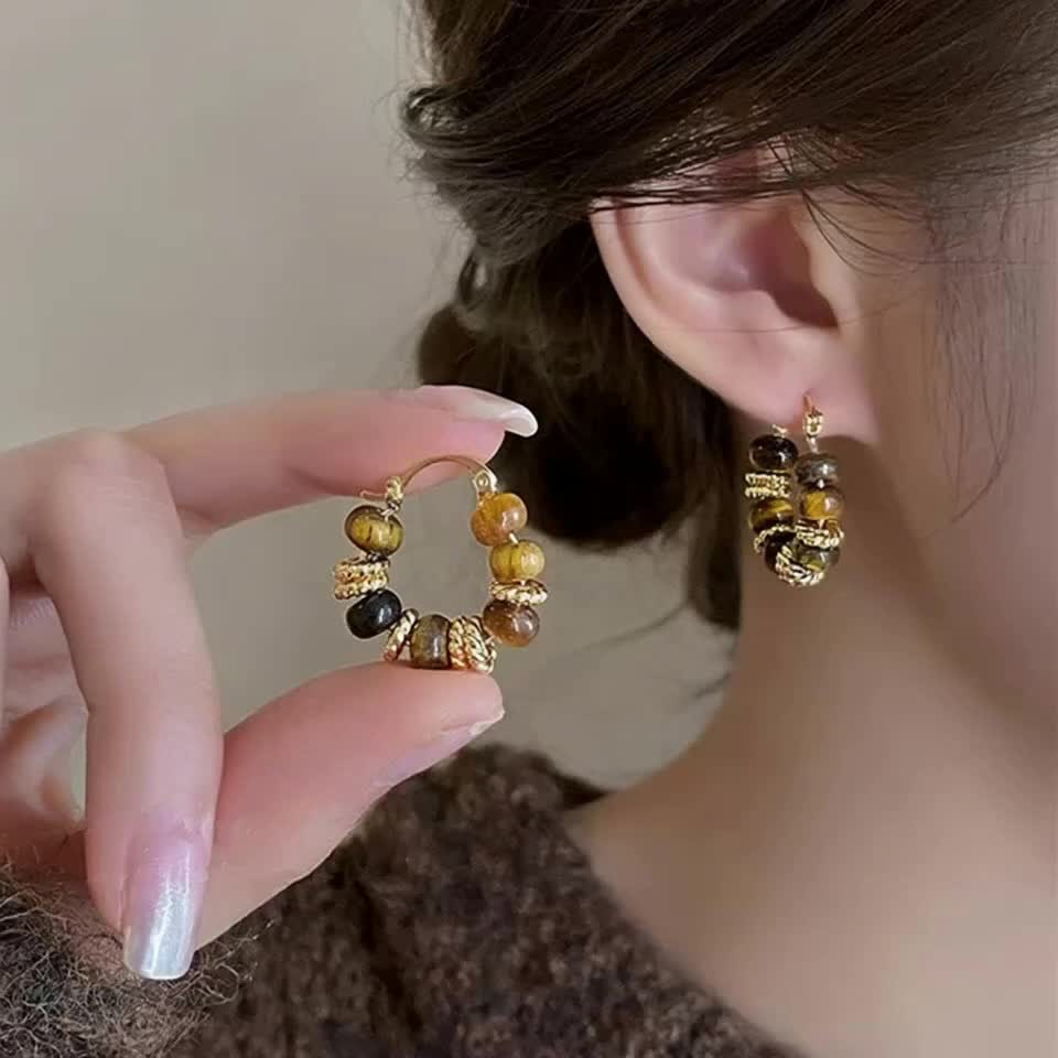Piper | Hoop Earrings with Tiger Eye Beads and Vintage Style