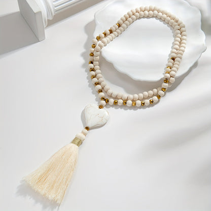 Esther | Long Y-Shaped Necklace with Turquoise Heart, Wooden Beads, and Bohemian Tassel