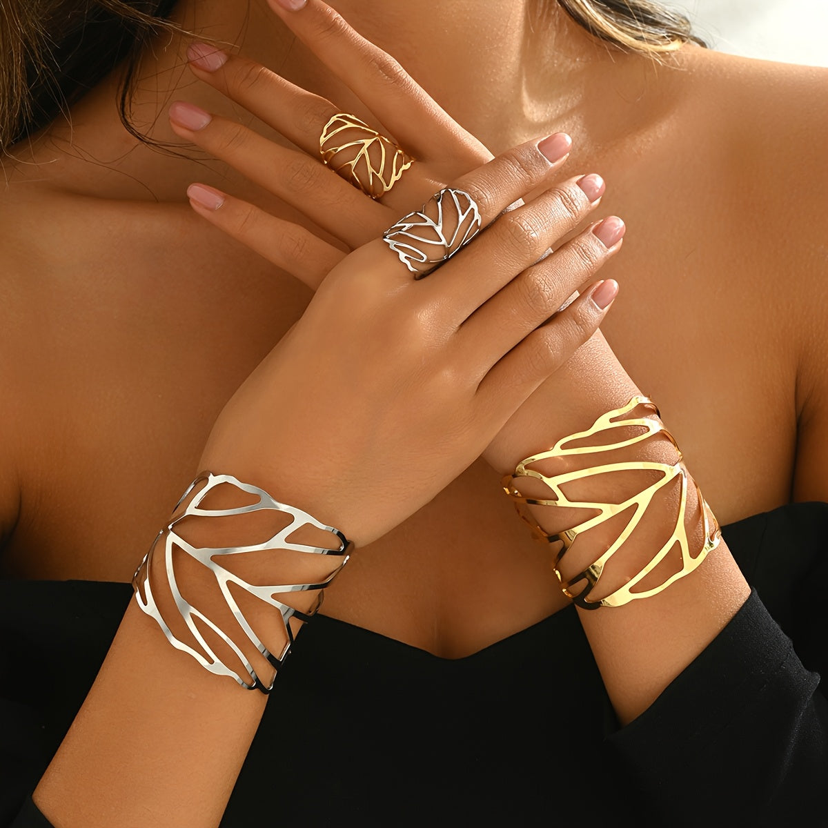 Lavinia | Vintage Style Hollow Leaf Bracelet and Ring Set