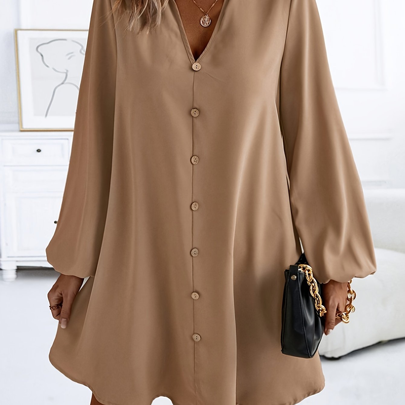Faria™ Elegant Long Sleeve V-Neck Dress