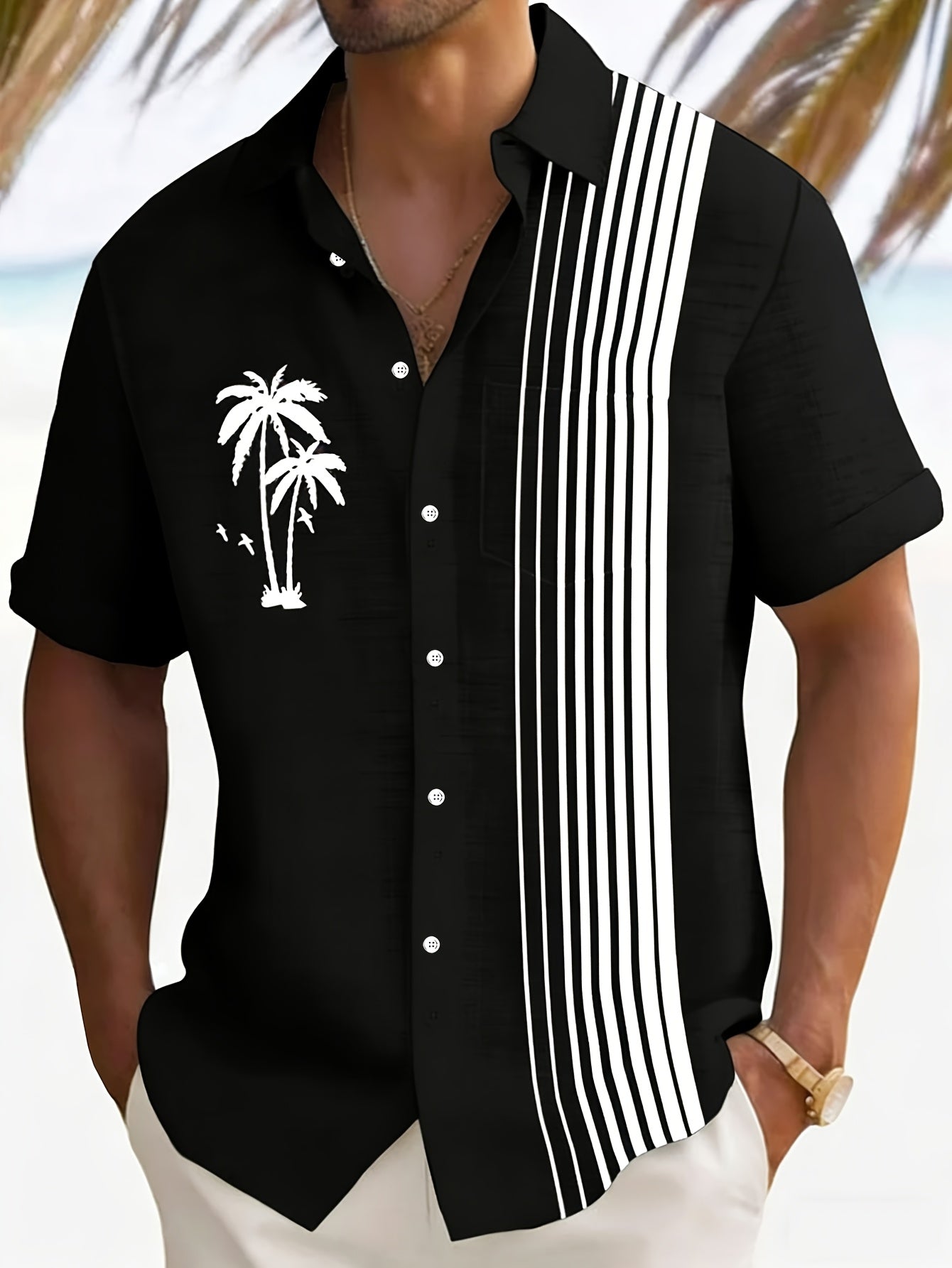 Javroni™ Men's Tropical Shirt with Palm and Stripe Print