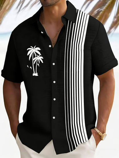 Javroni™ Men's Tropical Shirt with Palm and Stripe Print