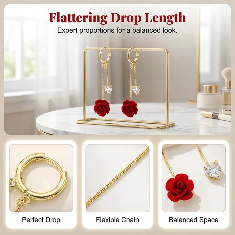 Jennifer | Red Rose Earrings with Sparkling Hearts