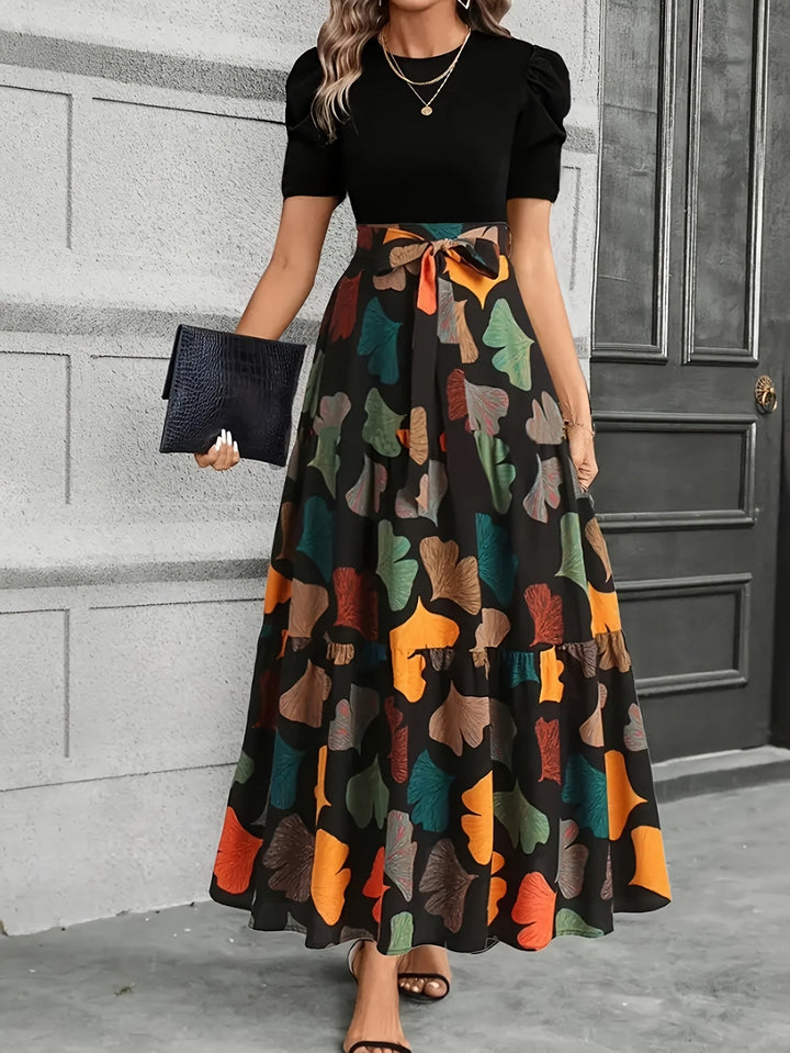 Vanya™ Elegant Midi Dress with Geometric Print and Puff Sleeves