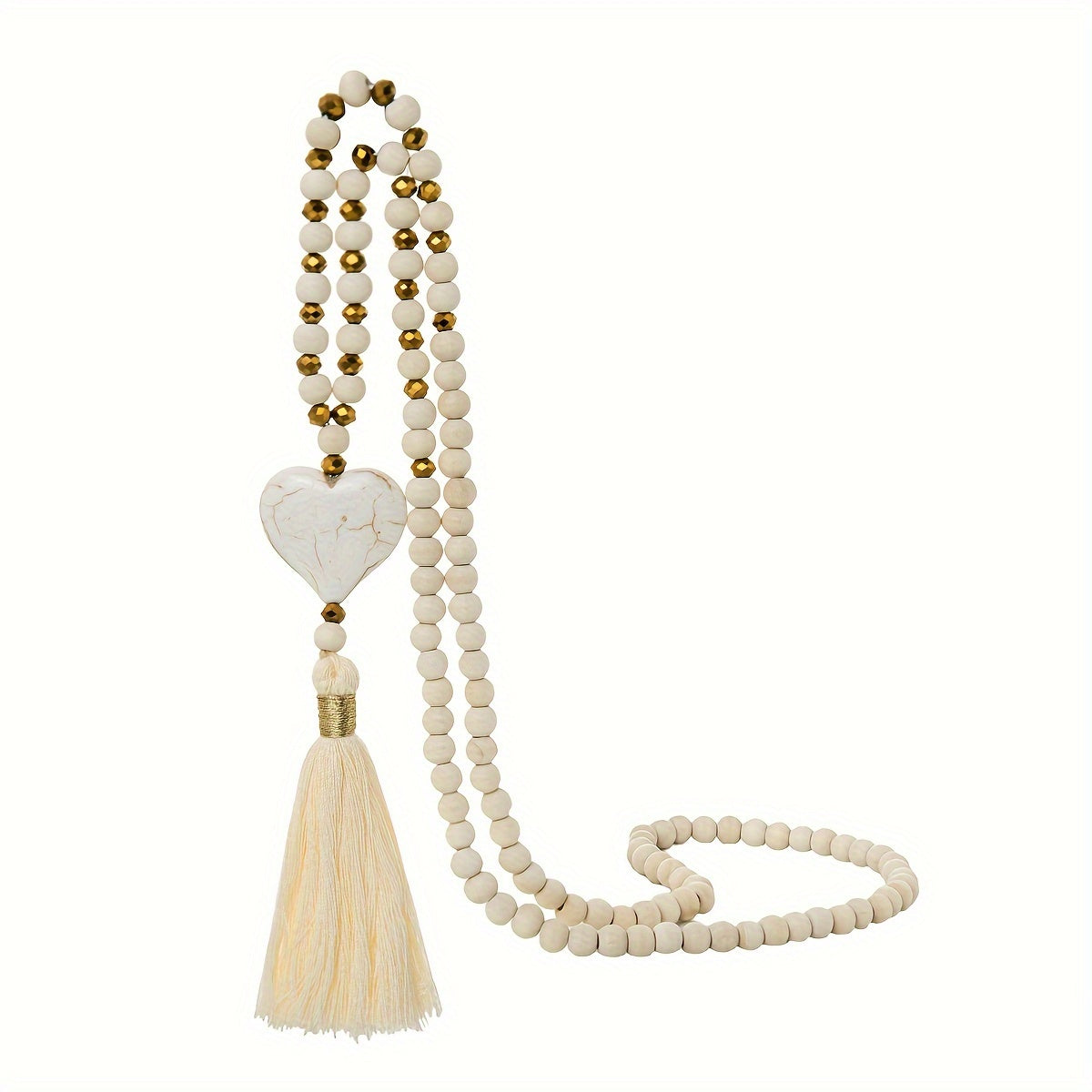 Esther | Long Y-Shaped Necklace with Turquoise Heart, Wooden Beads, and Bohemian Tassel