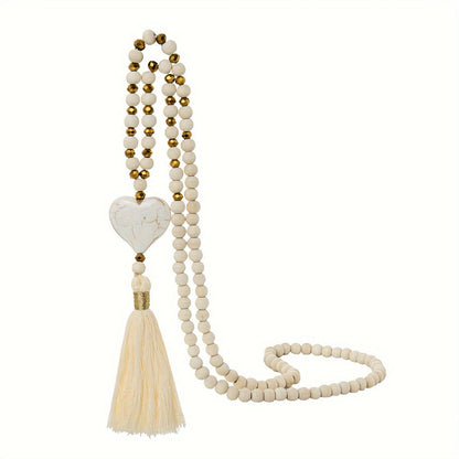 Esther | Long Y-Shaped Necklace with Turquoise Heart, Wooden Beads, and Bohemian Tassel