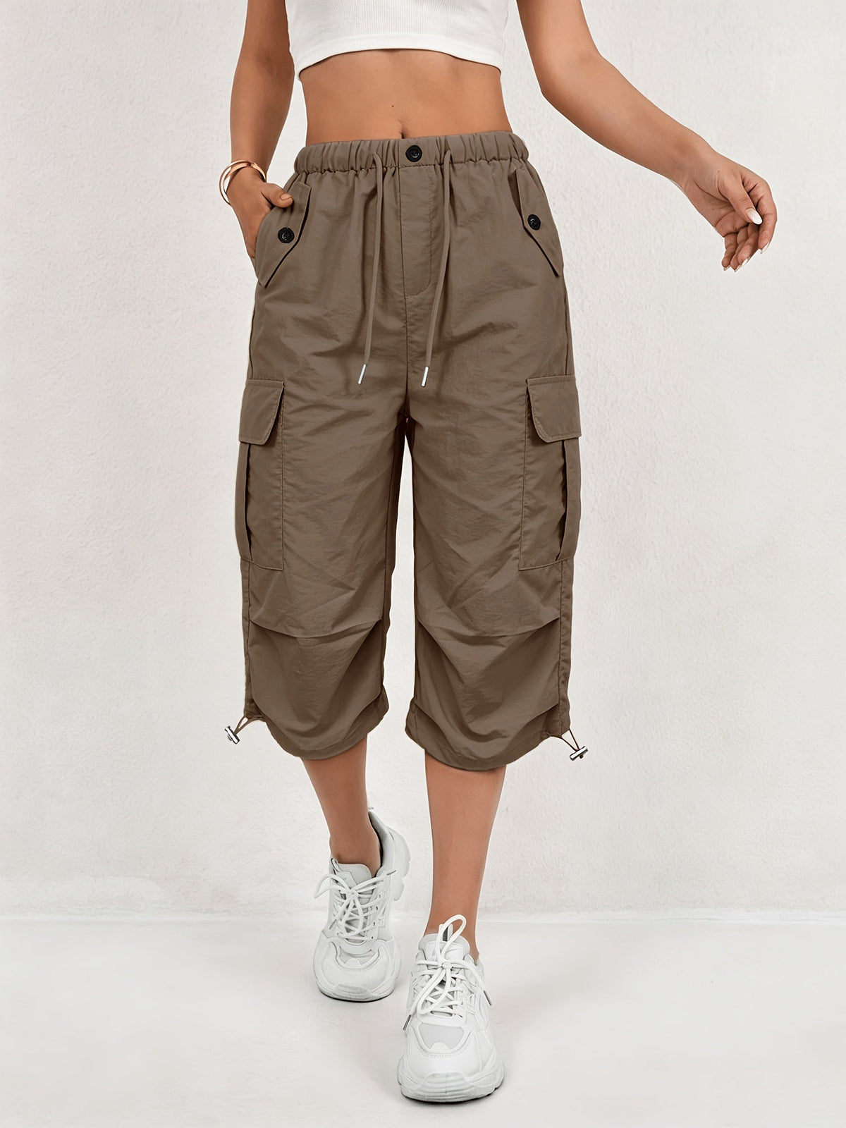 Mireille | Women's Quick-Dry Cargo Capri Pants with Elastic Waist and Drawstring - Lightweight and Stretchy, Suitable for - Outdoor Pants, Multi-Pants, Machine Washable, Loose Fit Mid-Length for, Travel, Casual Wear