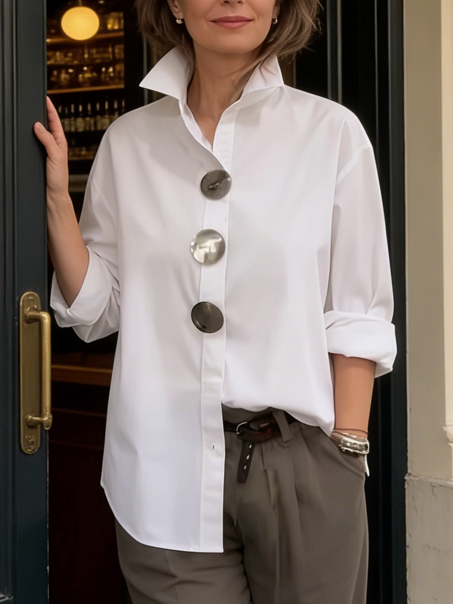 Davinae | Elegant cotton and linen blouse with collar and metallic buttons