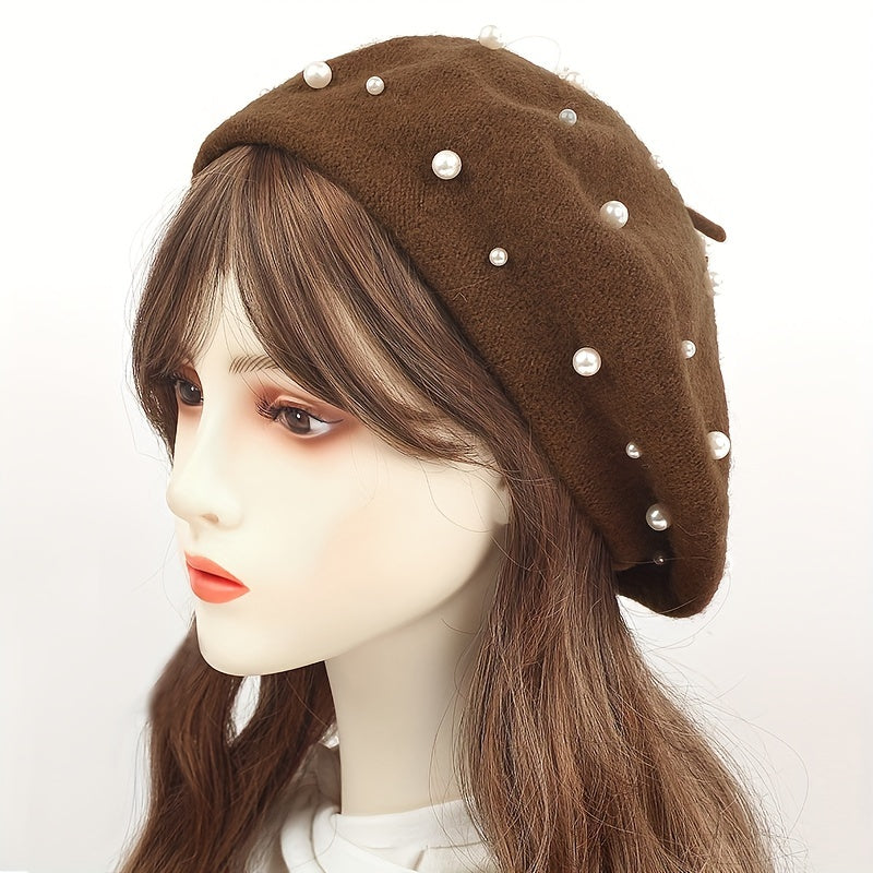 Zoey | Warm Beret with Decorative Pearls and Elegant Style