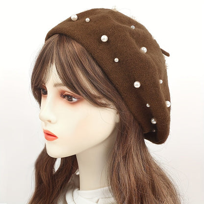 Zoey | Warm Beret with Decorative Pearls and Elegant Style
