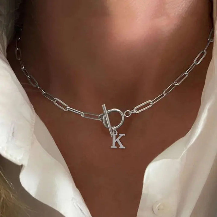 Ganelle™ Necklace with Circular Lock Closure and Initial in Paperclip Shape