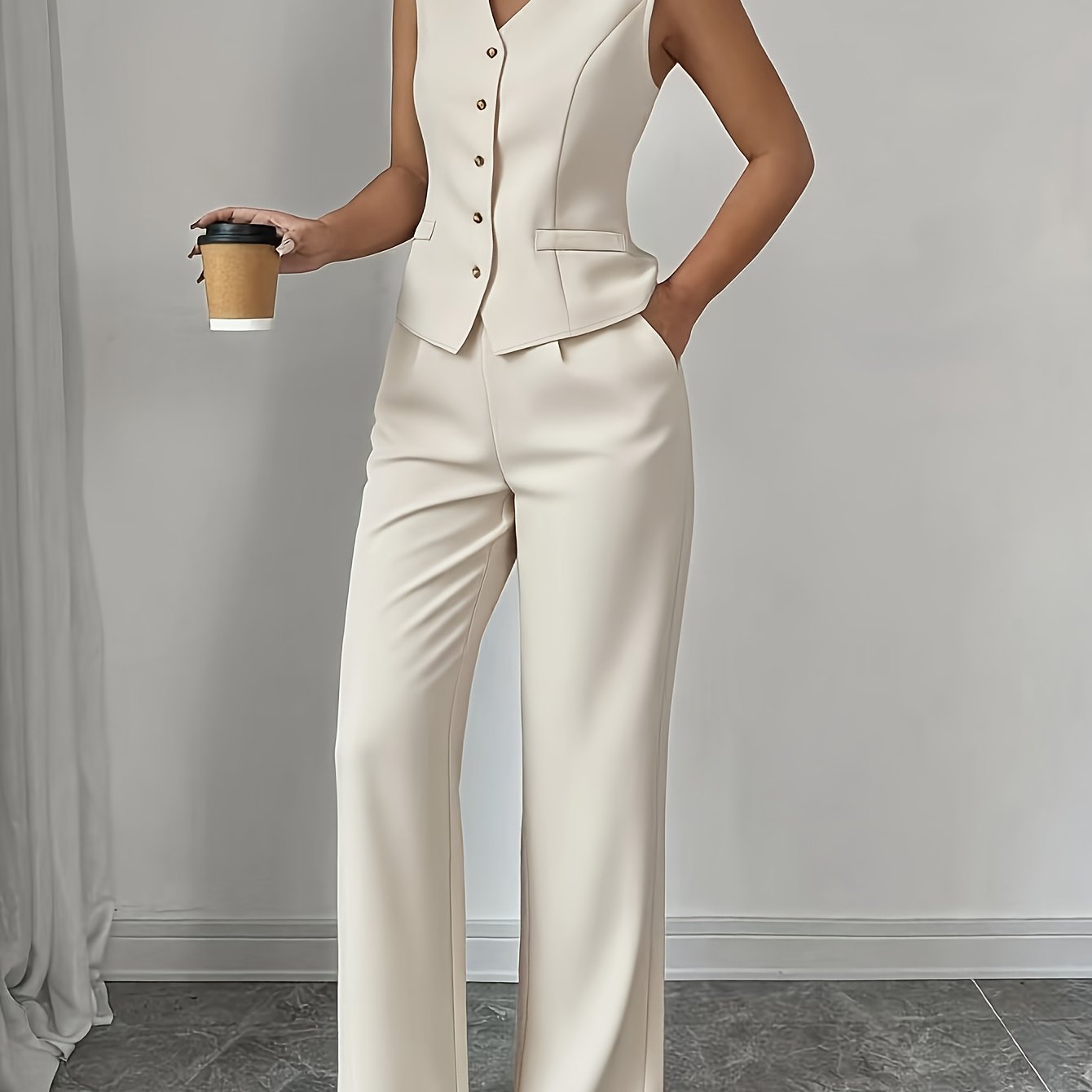 Malia™ Elegant Vest with V-Neck and Straight Pants Set