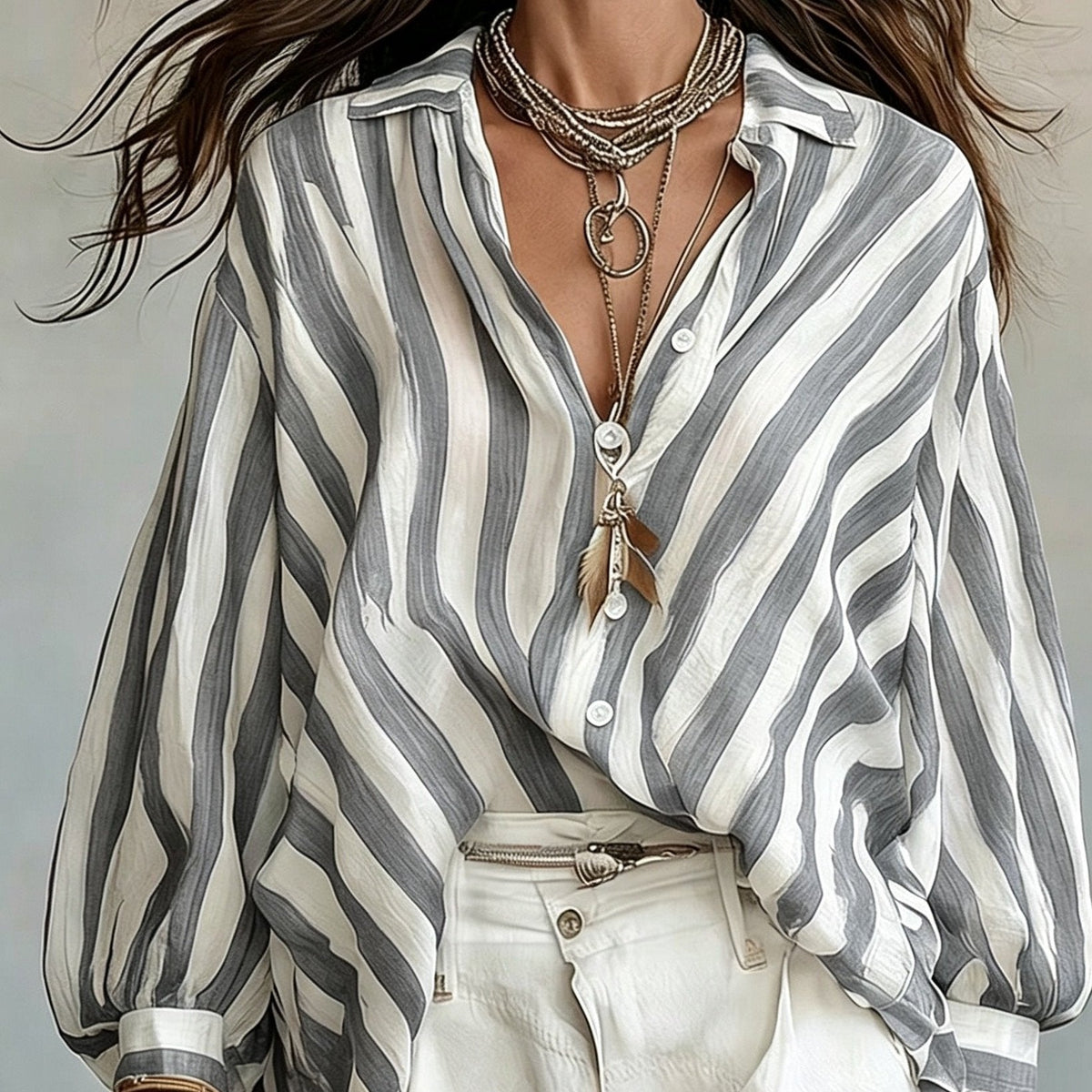 Rosetta | Women's Retro Striped Long Sleeve Shirt, Loose Vacation Style, Casual Beach Top