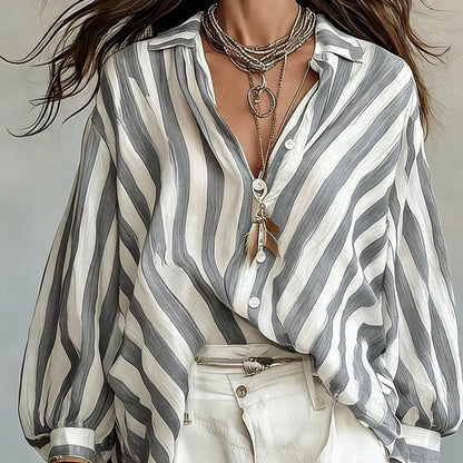 Rosetta | Women's Retro Striped Long Sleeve Shirt, Loose Vacation Style, Casual Beach Top