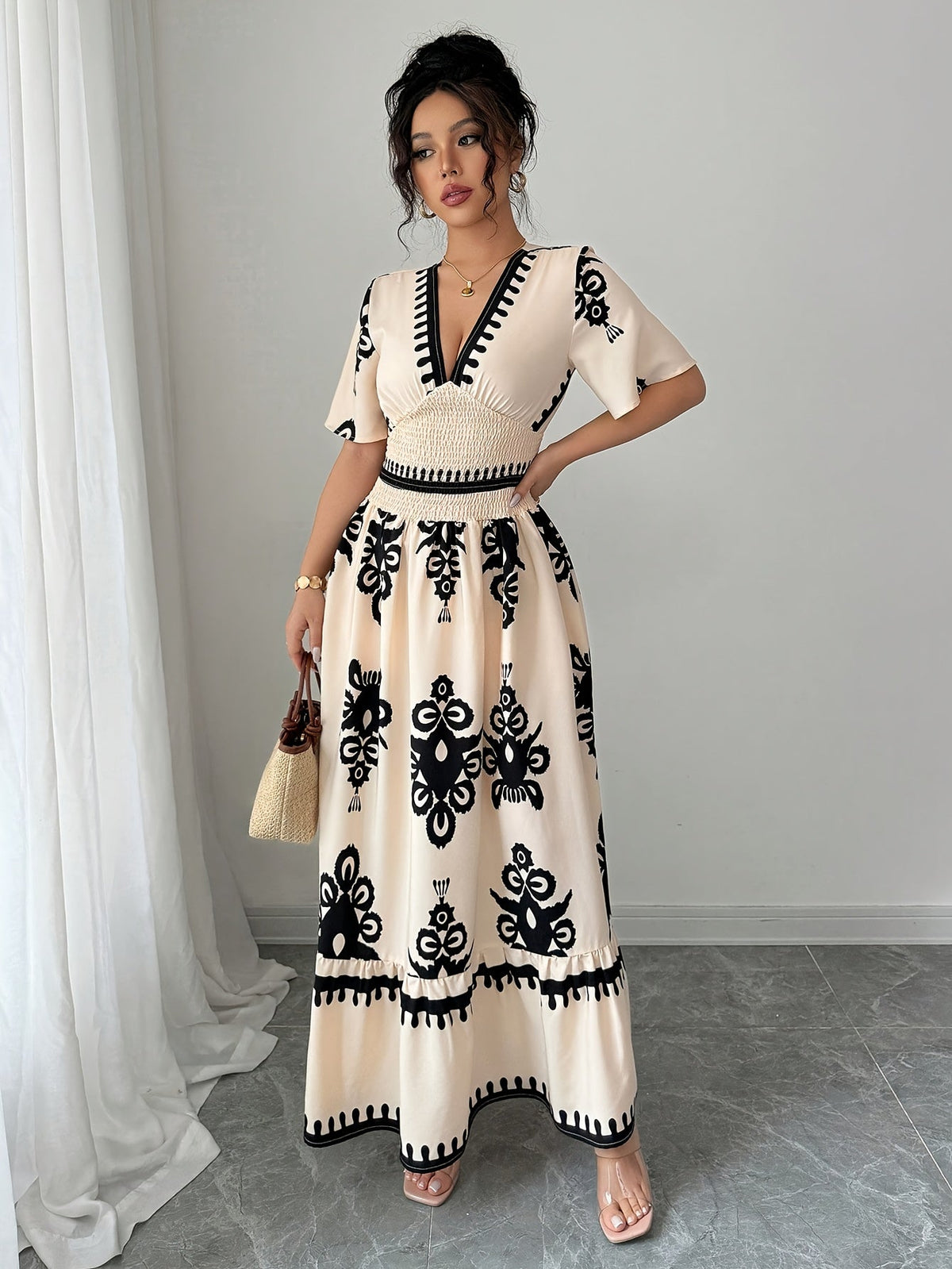 Grace | Vintage Summer Maxi A-Line Dress for Women with Print and V-Neck