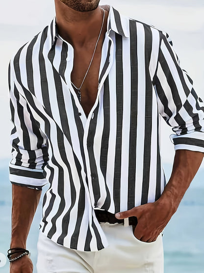 Kervik™ Men's Long Sleeve Tropical Shirt with Stripes and Classic Collar