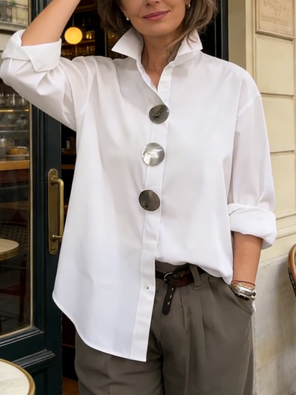 Davinae | Elegant cotton and linen blouse with collar and metallic buttons