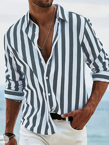 Kervik™ Men's Long Sleeve Tropical Shirt with Stripes and Classic Collar