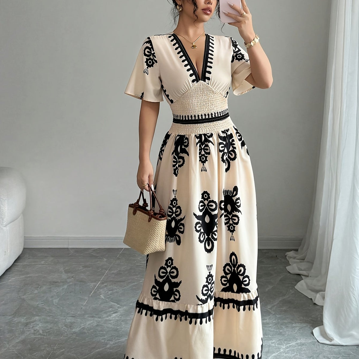 Grace | Vintage Summer Maxi A-Line Dress for Women with Print and V-Neck