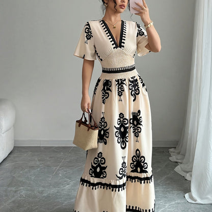 Grace | Vintage Summer Maxi A-Line Dress for Women with Print and V-Neck
