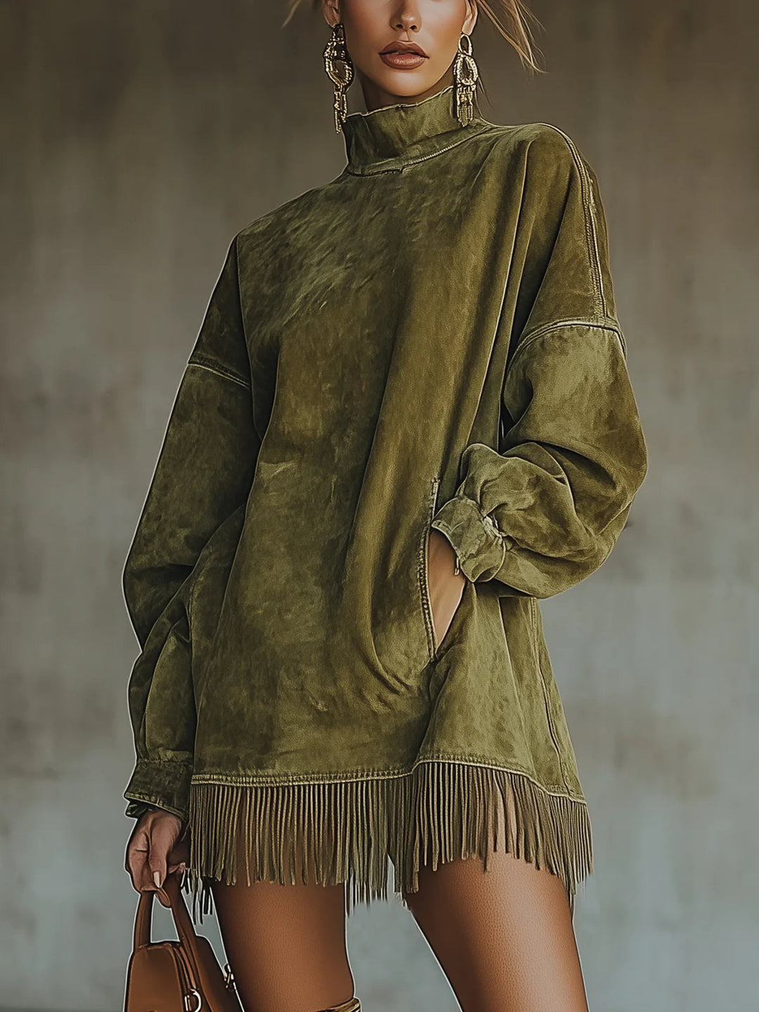Rosenthea™ Elegant Synthetic Suede Dress with High Collar and Fringes