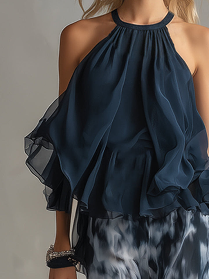 Isolde™ elegant chiffon set with high-neck top and printed wide-leg pants