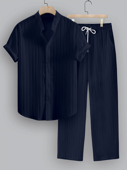 Kavaroq™ Men's Summer Set with Mao Collar Shirt and Drawstring Pants
