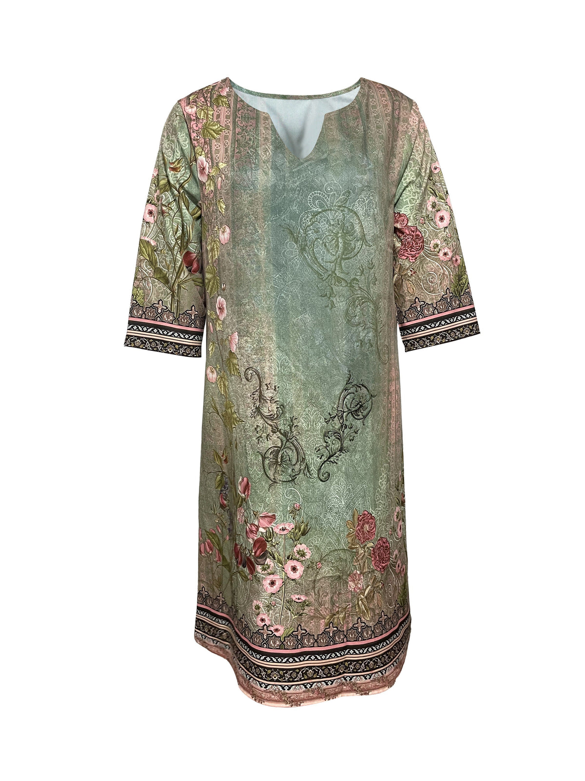 Ariella | Vintage V-Neck Dress with 3/4 Sleeves and Relaxed Fit