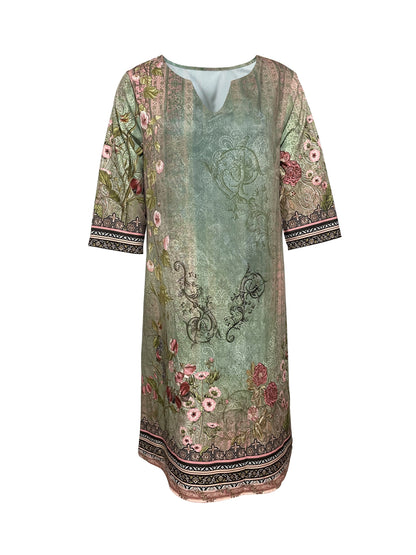 Ariella | Vintage V-Neck Dress with 3/4 Sleeves and Relaxed Fit