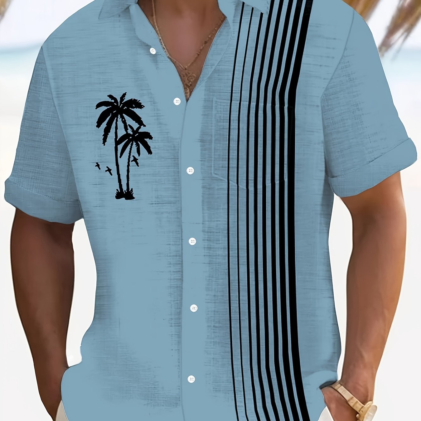 Javroni™ Men's Tropical Shirt with Palm and Stripe Print