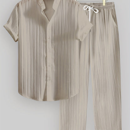 Kavaroq™ Men's Summer Set with Mao Collar Shirt and Drawstring Pants