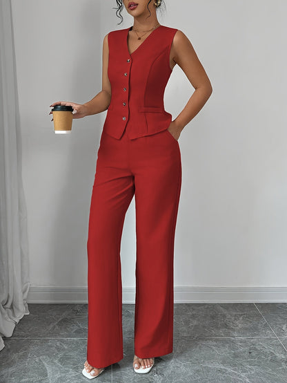 Malia™ Elegant Vest with V-Neck and Straight Pants Set