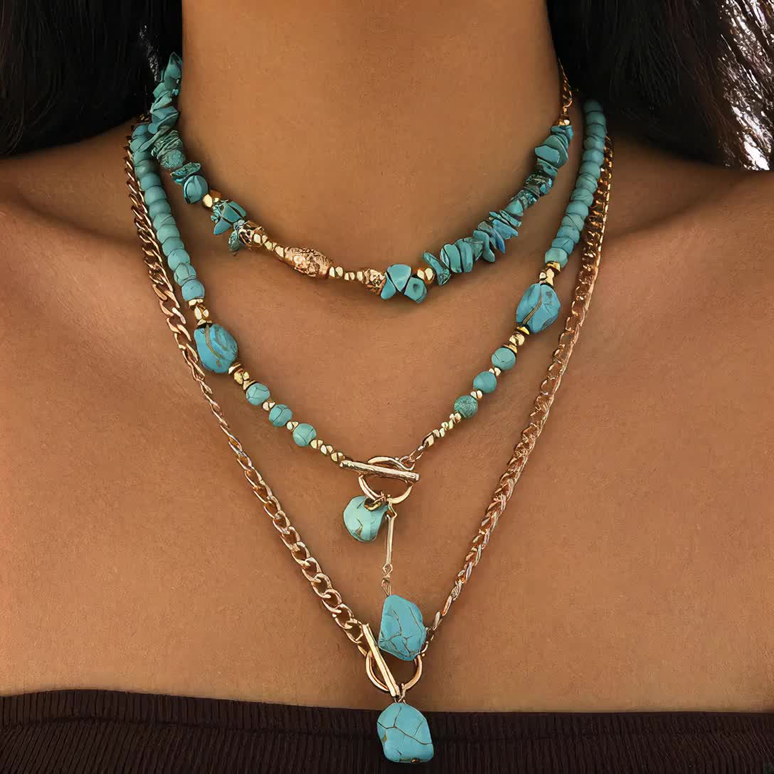 Evelise | A set of three stacked bohemian turquoise bead necklaces for women