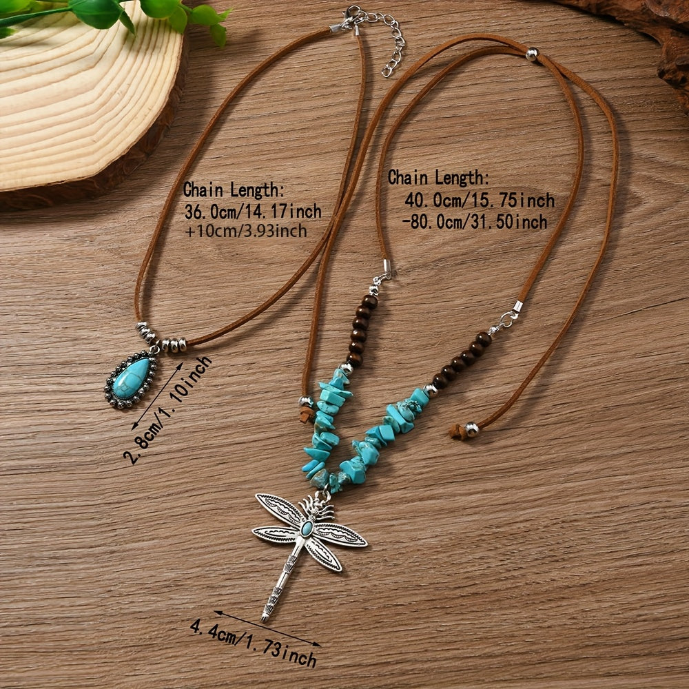 Ottiliea | Set of 2 Necklaces with Dragonfly, Irregular Stones and Bohemian Style Beads