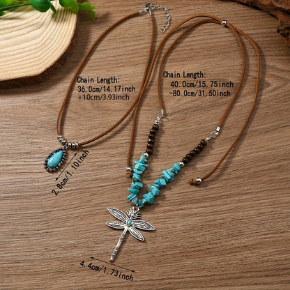 Ottiliea | Set of 2 Necklaces with Dragonfly, Irregular Stones and Bohemian Style Beads